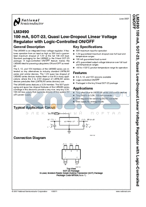 LM3490IM5X-15 datasheet - 100 mA, SOT-23, Quasi Low-Dropout Linear Voltage Regulator with Logic-Controlled ON/OFF