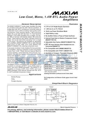 MAX9717A datasheet - Low-Cost, Mono, 1.4W BTL Audio Power Amplifiers