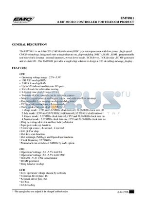 EM78811 datasheet - 8-BIT MICRO-CONTROLLER FOR TELECOM PRODUCT