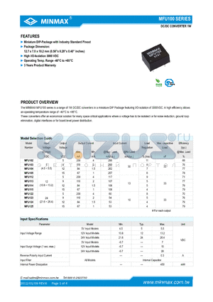 MFU100_12 datasheet - DC/DC CONVERTER 1W Miniature DIP-Package with Industry Standard Pinout