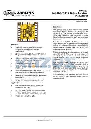 PX6420 datasheet - Multi-Rate TIA/LA Optical Receiver