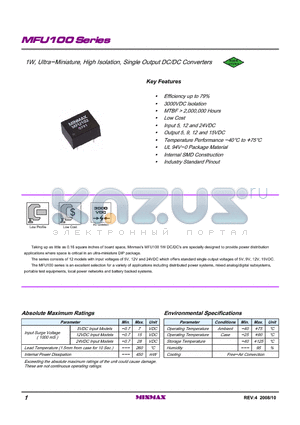 MFU104 datasheet - 1W, Ultra-Miniature, High Isolation, Single Output DC/DC Converters