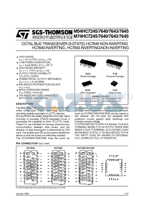 M54HC7245 datasheet - OCTAL BUS TRANSCEIVER (3-STATE):HC7645 NONINVERTING HC7640 INVERTING ,HC7643 INVERTING/NONINVERTING