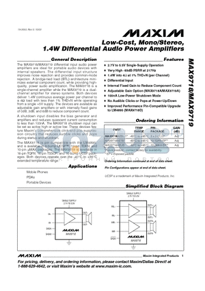 MAX9718AEBL-T datasheet - Low-Cost, Mono/Stereo,1.4W Differential Audio Power Amplifiers