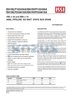 IS61NVP102436A-166TQL datasheet - 1Mb x 36 and 2Mb x 18 STATE BUS SRAM
