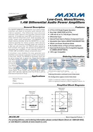MAX9719 datasheet - Low-Cost, Mono/Stereo, 1.4W Differential Audio Power Amplifiers