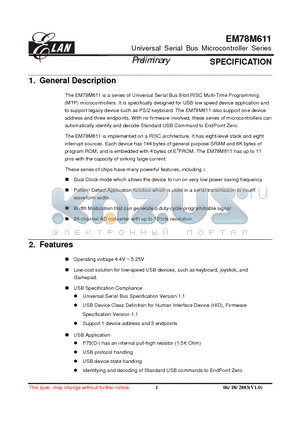 EM78M611 datasheet - Universal Serial Bus Microcontroller Series