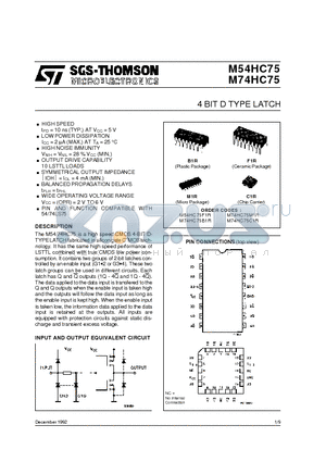 M54HC75F1R datasheet - 4 BIT D TYPE LATCH