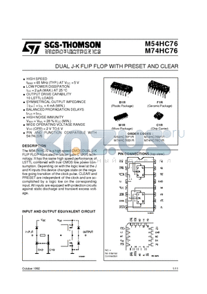 M54HC76 datasheet - DUAL J-K FLIP FLOP WITH PRESET AND CLEAR