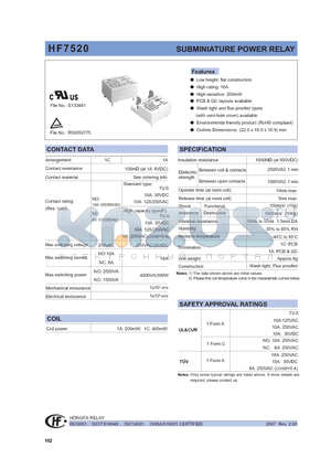 HF7520/005-HQXXX datasheet - SUBMINIATURE POWER RELAY