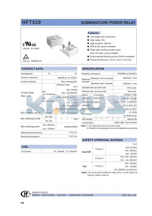 HF7520/005-HSQXXX datasheet - SUBMINIATURE POWER RELAY