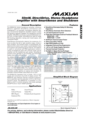 MAX9720 datasheet - 50mW, DirectDrive, Stereo Headphone Amplifier with SmartSense and Shutdown