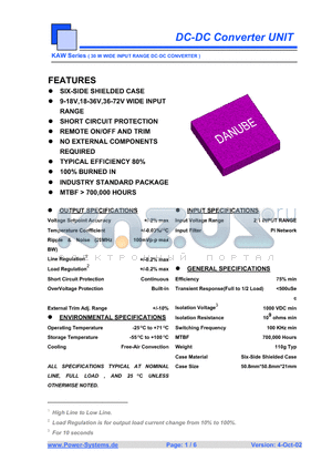 KAWD-1212 datasheet - DC-DC Converter UNIT 30 W WIDE INPUT RANGE DC-DC CONVERTER