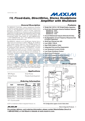 MAX9721 datasheet - 1V, Fixed-Gain, DirectDrive, Stereo Headphone Amplifier with Shutdown