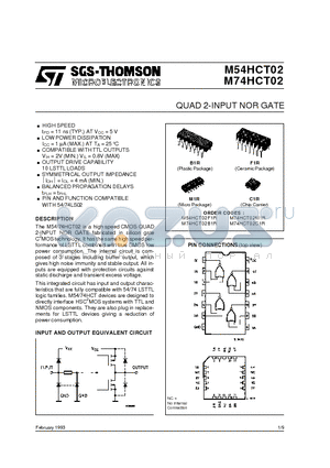 M54HCT02 datasheet - QUAD 2-INPUT NOR GATE