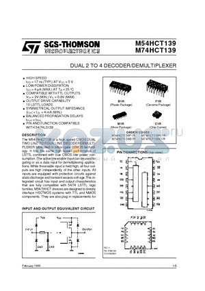 M54HCT139 datasheet - DUAL 2 TO 4 DECODER/DEMULTIPLEXER