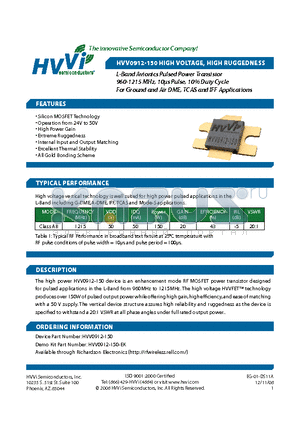 HVV0912-150 datasheet - L-Band Avionics Pulsed Power Transistor 960-1215 MHz, 10ls Pulse, 10% Duty Cycle For Ground and Air DME, TCAS and IFF Applications