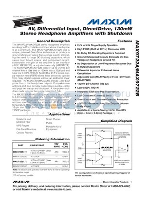 MAX9722BEUE datasheet - 5V, Differential Input, DirectDrive, 130mW Stereo Headphone Amplifiers with Shutdown