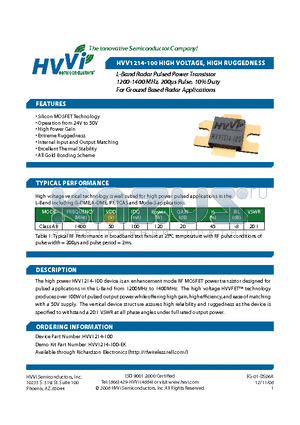 HVV1214-100-EK datasheet - L-Band Radar Pulsed Power Transistor 1200-1400 MHz, 200ls Pulse, 10% Duty For Ground Based Radar Applications