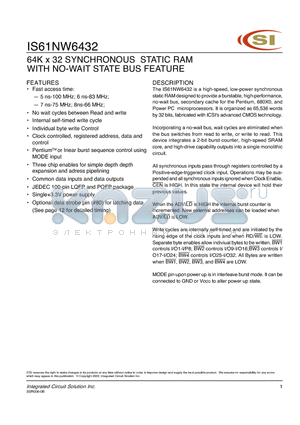 IS61NW6432 datasheet - 64K x 32 SYNCHRONOUS STATIC RAM WITH NO-WAIT STATE BUS FEATURE