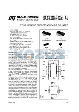 M54HCT160F1R datasheet - SYNCHRONOUS PRESETTABLE 4-BIT COUNTER