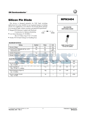 MPN3404 datasheet - SILICON PIN SWITCHING DIODE