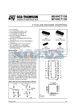 M54HCT138F1R datasheet - 3 TO 8 LINE DECODER INVERTING