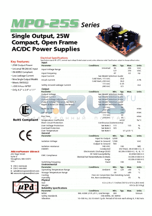 MPO-25S-15 datasheet - Single Output, 25W Compact, Open Frame AC/DC Power Supplies
