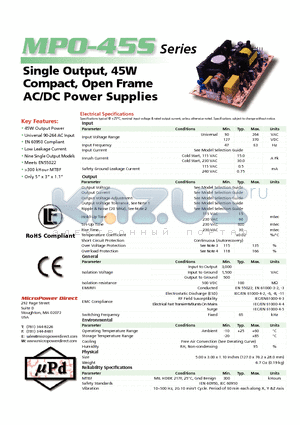 MPO-45S-12 datasheet - Single Output, 45W Compact, Open Frame AC/DC Power Supplies