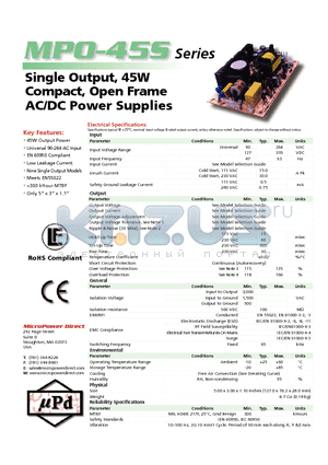 MPO-45S datasheet - Single Output, 45W Compact, Open Frame AC/DC Power Supplies