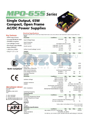 MPO-65S-05 datasheet - Single Output, 65W Compact, Open Frame AC/DC Power Supplies