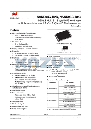 NAND04GR3B4CN1E datasheet - 4 Gbit, 8 Gbit, 2112 byte/1056 word page multiplane architecture, 1.8 V or 3 V, NAND Flash memories