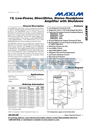 MAX9725AEBC datasheet - 1V, Low-Power, DirectDrive, Stereo Headphone Amplifier with Shutdown