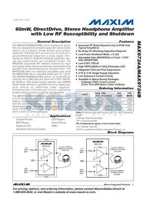 MAX9724AETC+ datasheet - 60mW, DirectDrive, Stereo Headphone Amplifier with Low RF Susceptibility and Shutdown