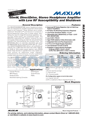 MAX9724AETC+ datasheet - 60mW, DirectDrive, Stereo Headphone Amplifier with Low RF Susceptibility and Shutdown