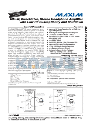 MAX9724B datasheet - 60mW, DirectDrive, Stereo Headphone Amplifier with Low RF Susceptibility and Shutdown