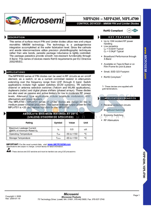 MPP4204 datasheet - CONTROL DEVICES  MMSM PIN and Limiter Diodes