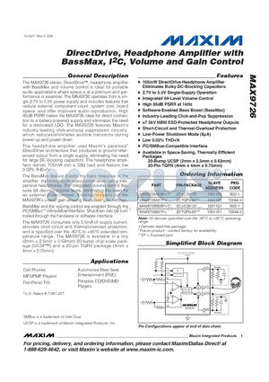 MAX9726AETP datasheet - DirectDrive, Headphone Amplifier with BassMax, I2C, Volume and Gain Control