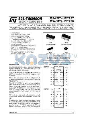 M54HCT257 datasheet - HCT257 QUAD 2 CHANNEL MULTIPLEXER 3-STATE HCT258 QUAD 2 CHANNEL MULTIPLEXER 3-STATE, INVERTING