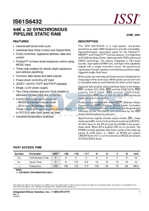 IS61S6432-117PQ datasheet - 64K x 32 SYNCHRONOUS PIPELINE STATIC RAM