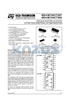 M54HCT367F1R datasheet - HEX BUS BUFFER 3-STATE HCT367 NONINVERTING, HCT368 INVERTING