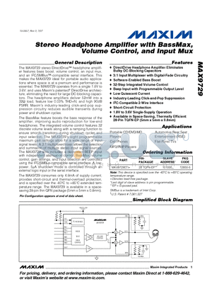 MAX9729ETI+ datasheet - Stereo Headphone Amplifier with BassMax, Volume Control, and Input Mux