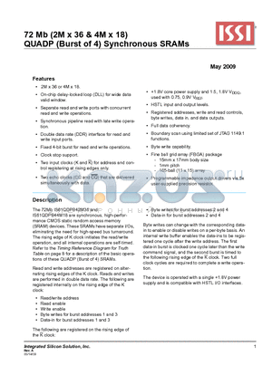 IS61QDPB44M18-333M3L datasheet - 72 Mb (2M x 36 & 4M x 18) QUADP (Burst of 4) Synchronous SRAMs