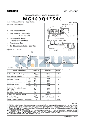 MG100Q1ZS40 datasheet - N CHANNEL IGBT (HIGH PWER SWITCHING, MOTOR CONTROL APPLICATIONS)