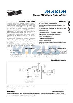 MAX9737 datasheet - Mono 7W Class D Amplifier