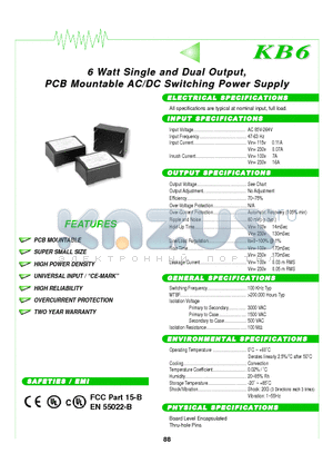 KB06-05S datasheet - 6 Watttt Siinglle and Duall Outtputt, PCB Mounttablle AC//DC Swiittchiing Powerr Supplly