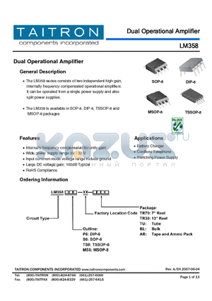 LM358 datasheet - Dual Operational Amplifier
