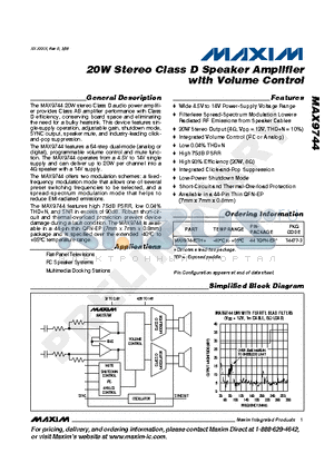 MAX9744ETH datasheet - 20W Stereo Class D Speaker Amplifier with Volume Control