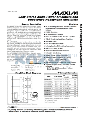 MAX9750 datasheet - 2.6W Stereo Audio Power Amplifiers and DirectDrive Headphone Amplifiers