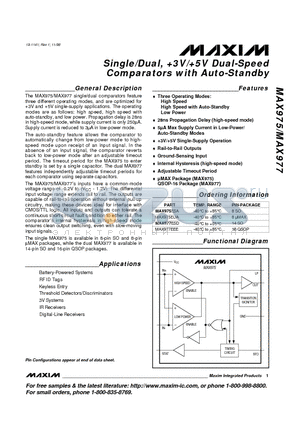 MAX975 datasheet - Single/Dual, 3V/5V Dual-Speed Comparators with Auto-Standby